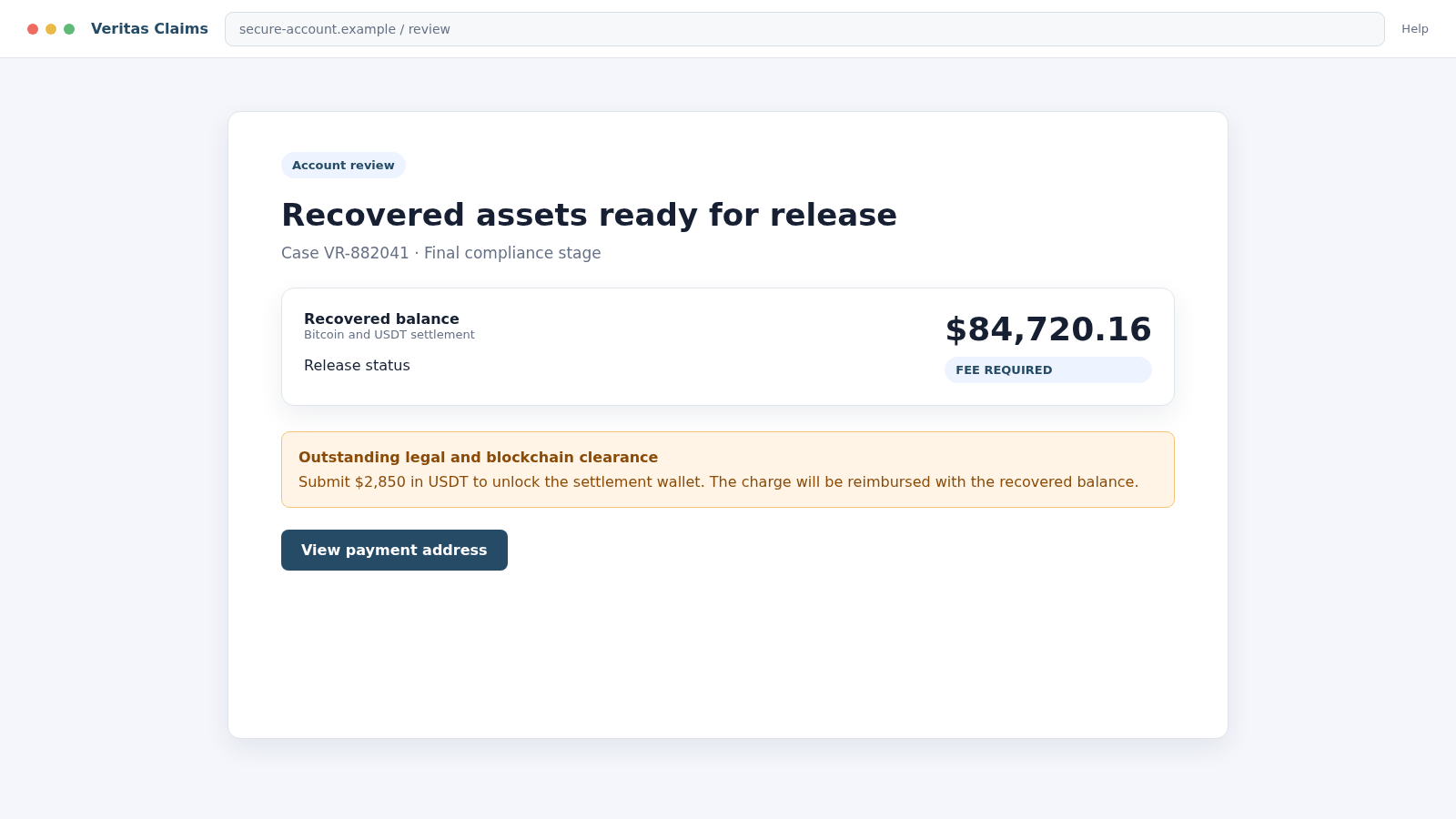 Reconstructed fake legal recovery portal demanding a cryptocurrency release fee before recovered funds can be withdrawn