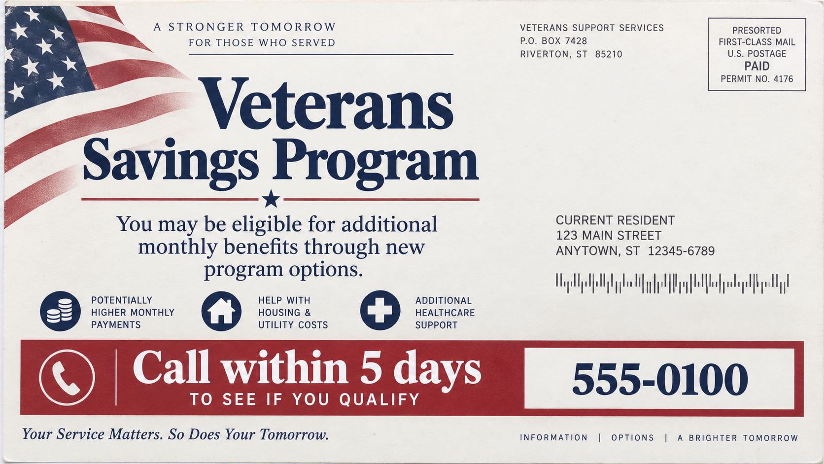 Veterans Savings Program Postcard Scam Exposed: Fake VA Benefits Alert 1 Illustrative reconstruction of a Veterans Savings Program postcard urging a call within five days