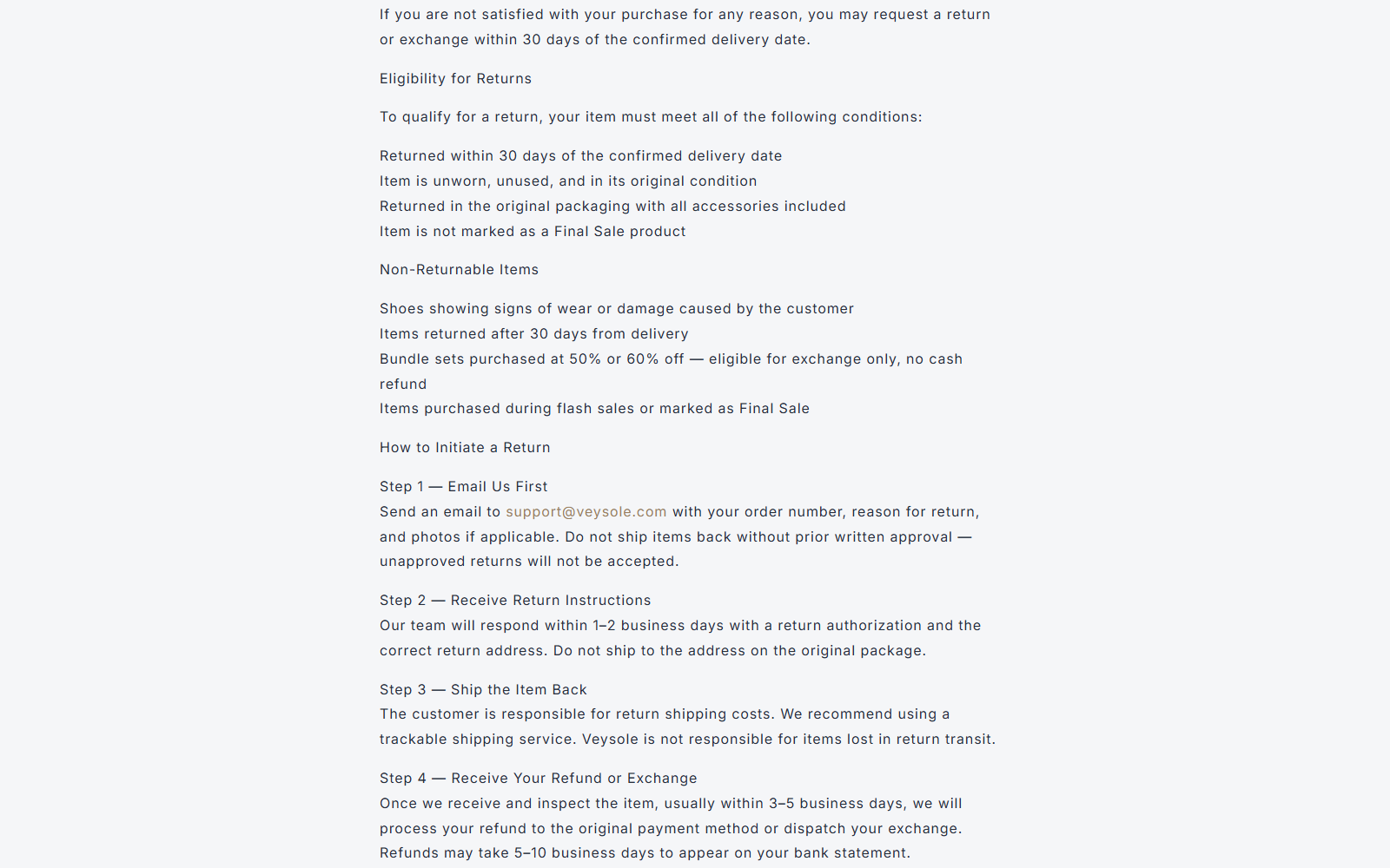 Veysole return policy requiring approval and a separate return address