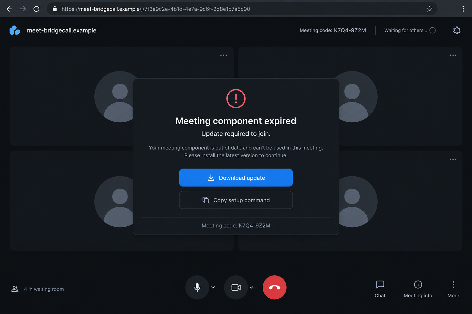 Fake browser video meeting page claiming a required component has expired