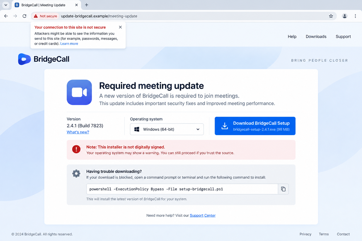 Fraudulent video conferencing update page offering a malicious download