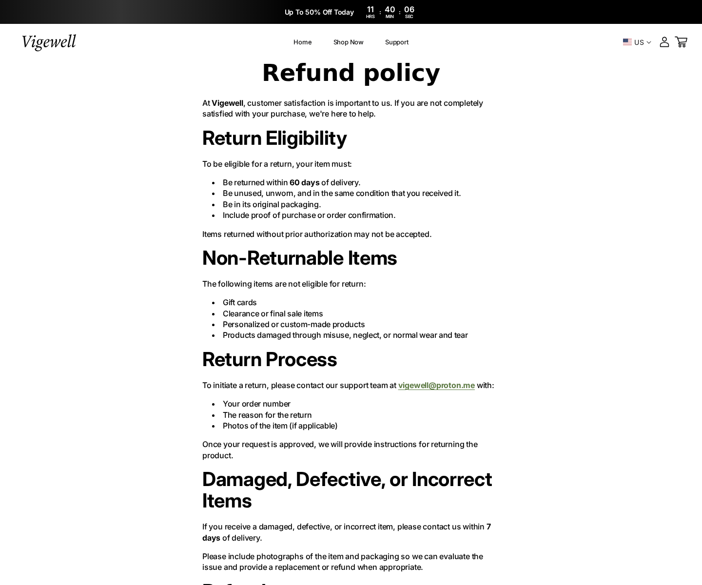 Vigewell refund policy requiring returned products to be unused and in original packaging