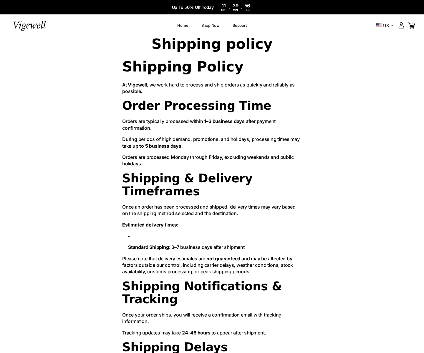 Vigewell shipping policy confirming subscription orders and customer portal cancellation