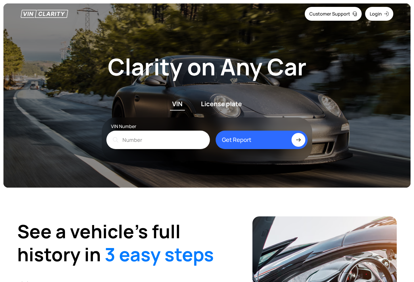 VINClarity website advertising vehicle history reports