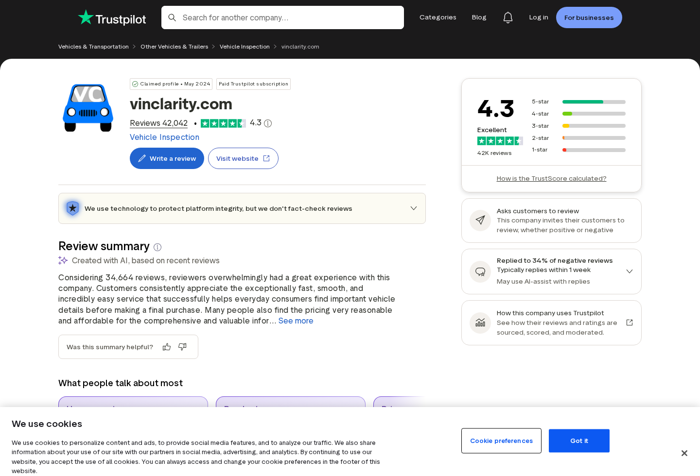 VINClarity Trustpilot profile showing rating and review volume