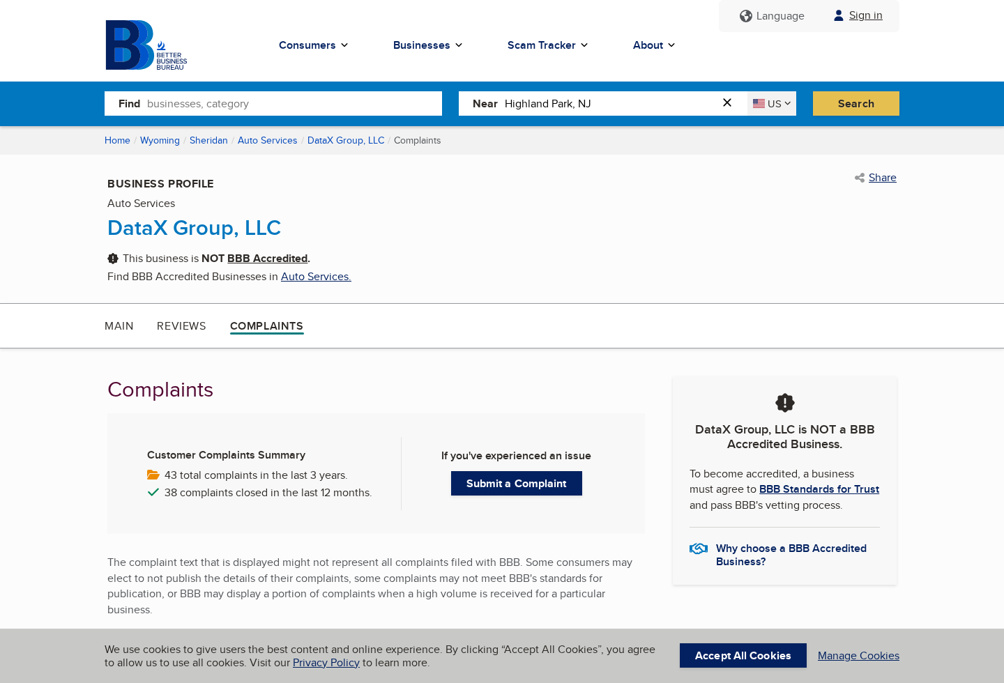 BBB profile for DataX Group LLC showing complaint information