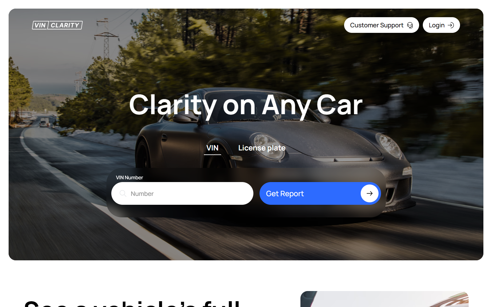 VINClarity website offering vehicle history searches by VIN or license plate
