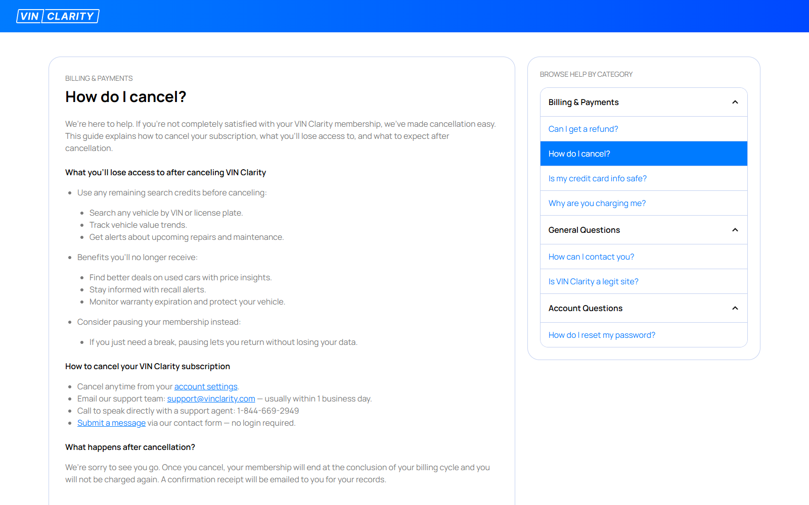 VINClarity cancellation page listing online, email, phone, and contact form options