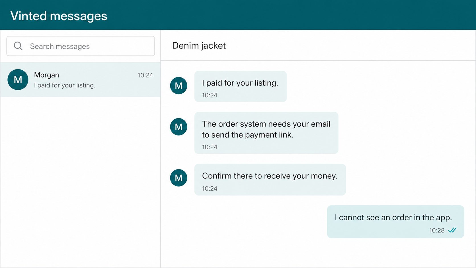Vinted Seller Payment Scam: How Fake Buyers Steal Your Card and Your Money 1 Fake Vinted buyer message asking a seller for an email address to send a payment link