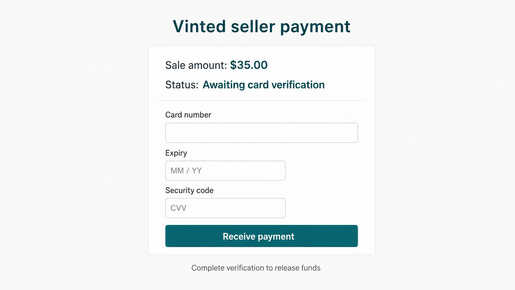 Vinted Seller Payment Scam: How Fake Buyers Steal Your Card and Your Money 2 Fraudulent Vinted seller payment page requesting card details to receive money from a nonexistent sale