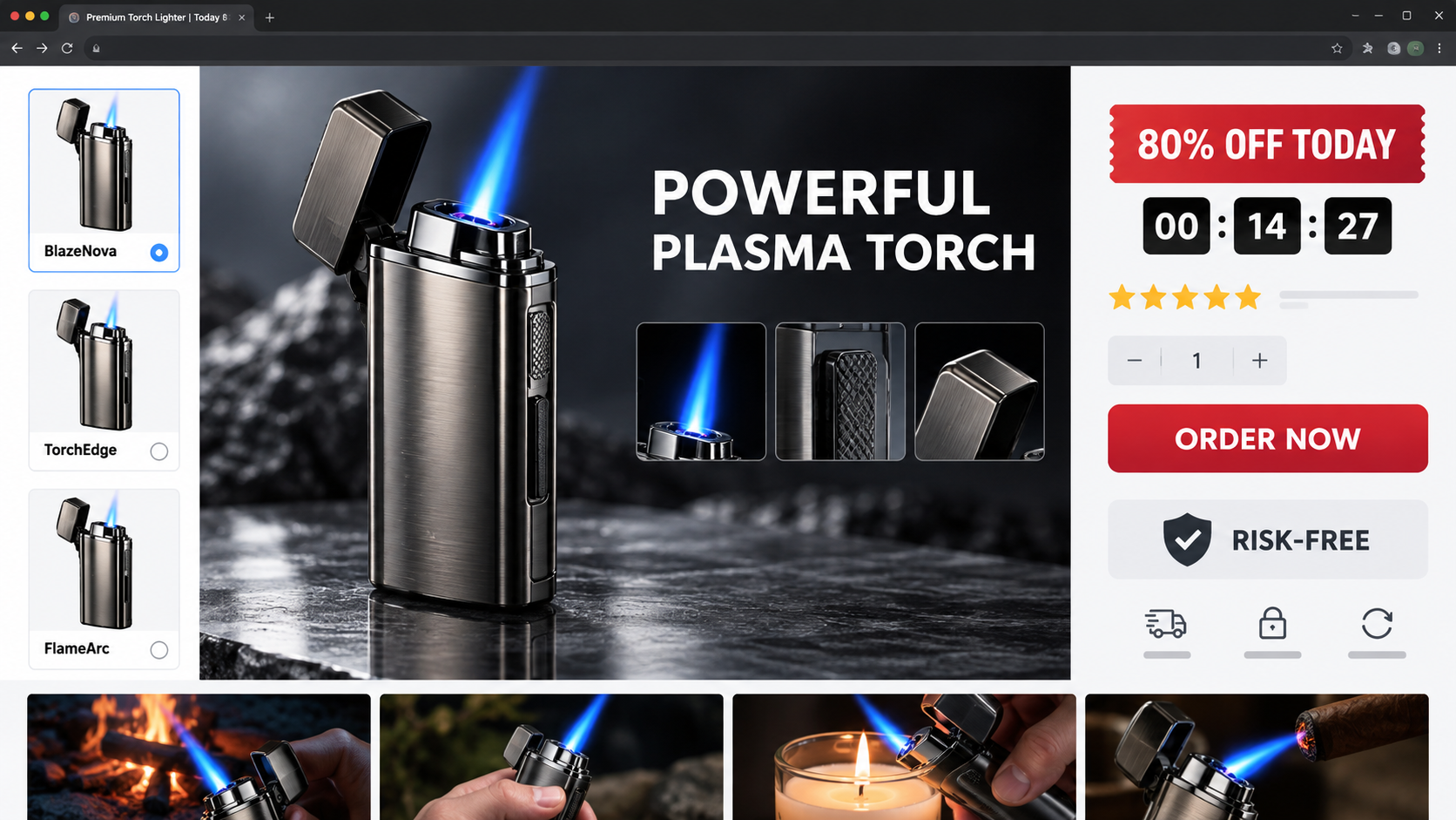 Direct-response sales page promoting a generic plasma torch lighter under rotating labels