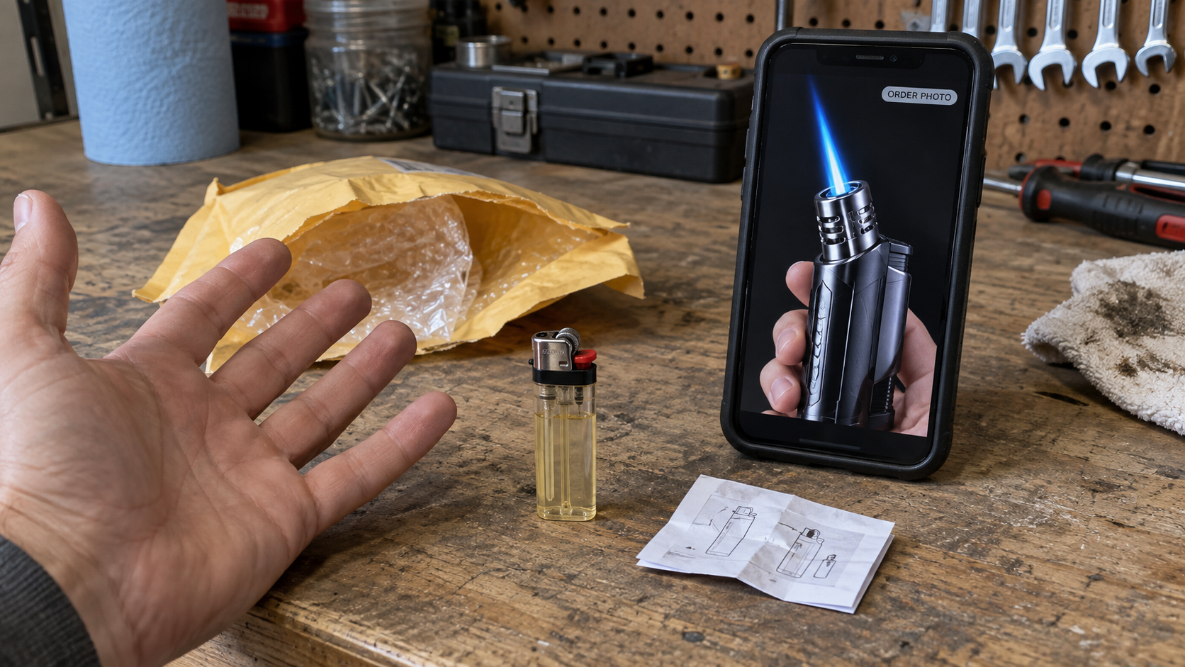 Cheap ordinary lighter beside the dramatic torch product shown on a phone