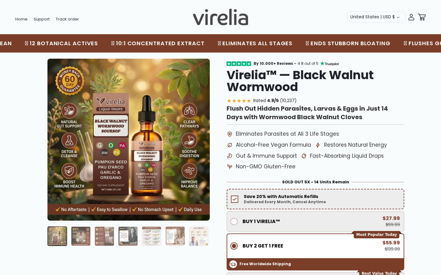 Virelia Pumpkin Seed Oil Scam Exposed: Fake Reviews or Real Supplement? 2 Current Virelia Black Walnut Wormwood page showing parasite claims and a preselected automatic monthly refill option