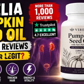 Virelia Pumpkin Seed Oil softgels advertisement listing bladder, kidney, hair, energy, and vitality claims