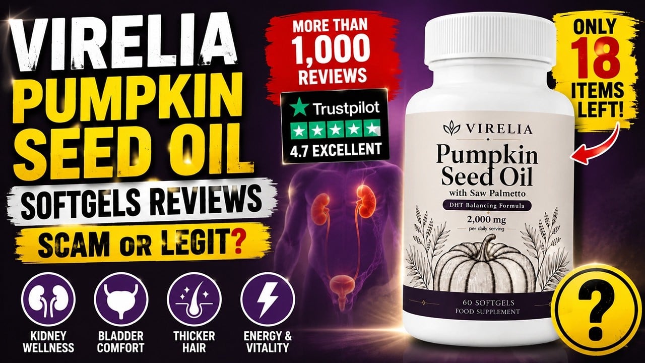 Virelia Pumpkin Seed Oil Scam Exposed: Fake Reviews or Real Supplement? 1 Virelia Pumpkin Seed Oil softgels advertisement listing bladder, kidney, hair, energy, and vitality claims