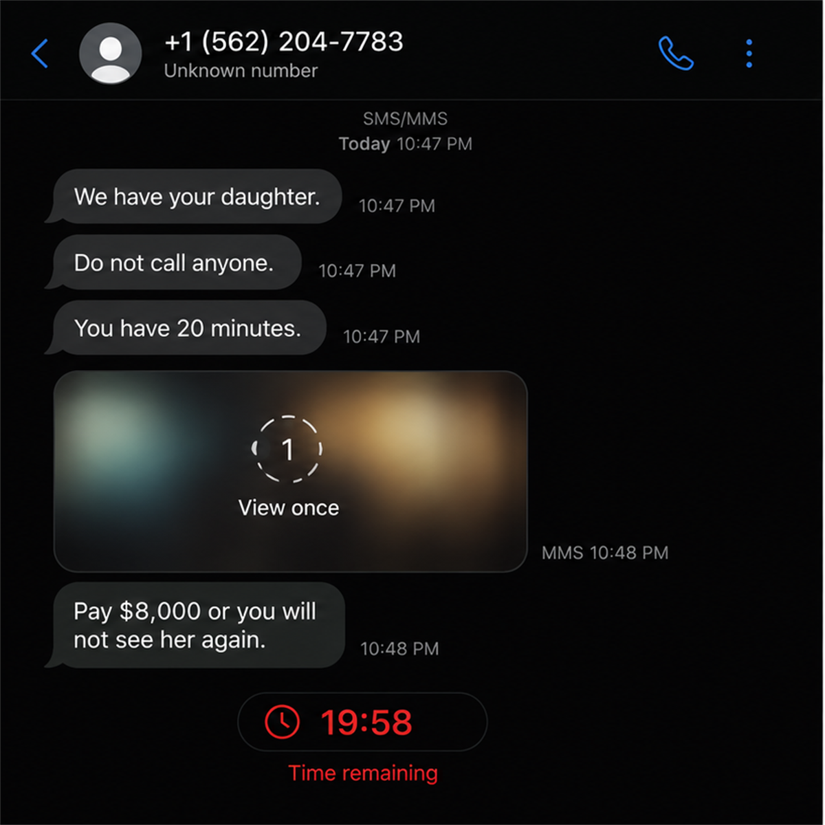 Illustrative virtual kidnapping text demanding ransom after a disappearing image