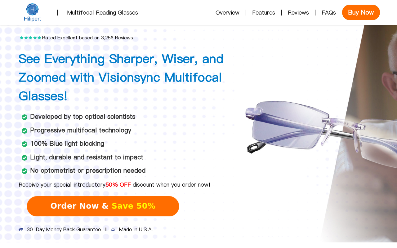 VisionSync multifocal glasses landing page promising sharper vision without a prescription