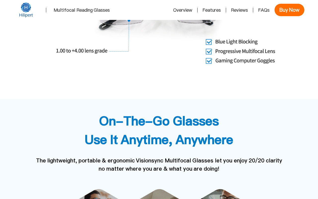 VisionSync page claiming progressive multifocal lenses and twenty twenty clarity on the go