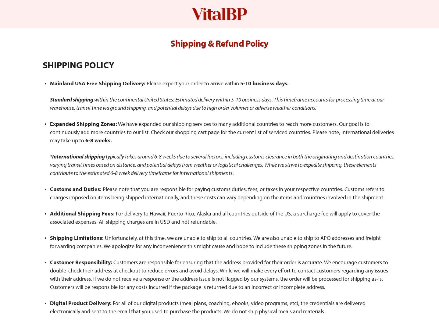 Vital BP shipping and refund policy showing guarantee conditions and order cancellation restrictions