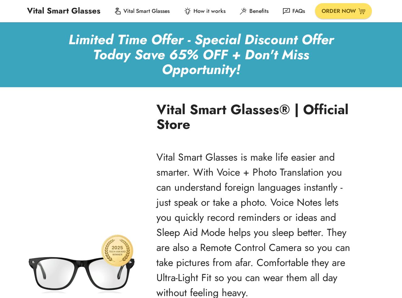 Vital Smart Glasses Review: Contradictory Claims and Buying Risks Exposed 1 Screenshot of a Vital Smart Glasses sales page showing its translation features and promotional offer