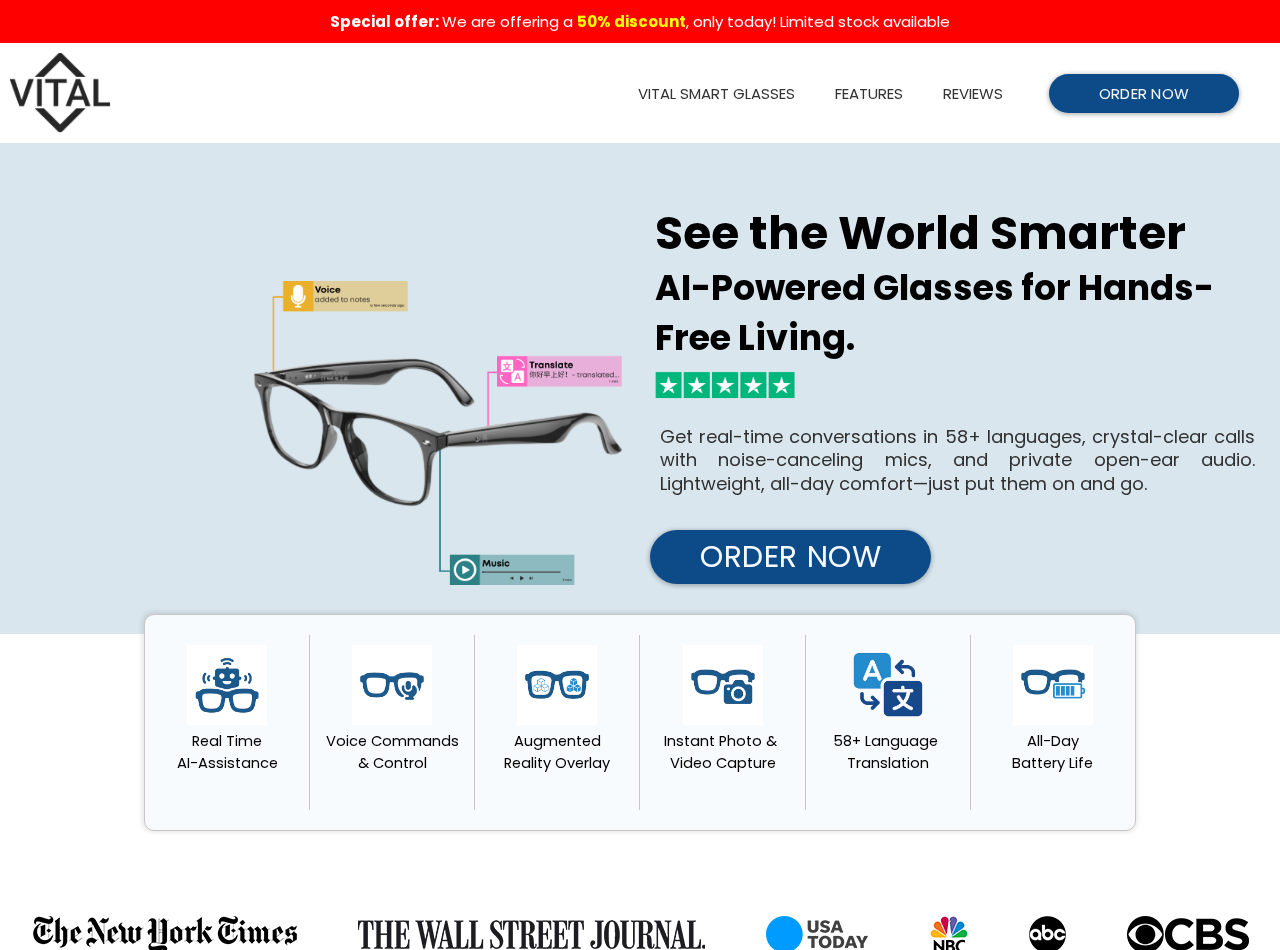 Vital Smart Glasses Review: Contradictory Claims and Buying Risks Exposed 2 Screenshot of a second Vital Smart Glasses landing page advertising a different language count and promotional offer