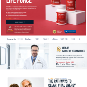 VitalBP sales page showing blood pressure claims, bottles, reviews, and a doctor endorsement