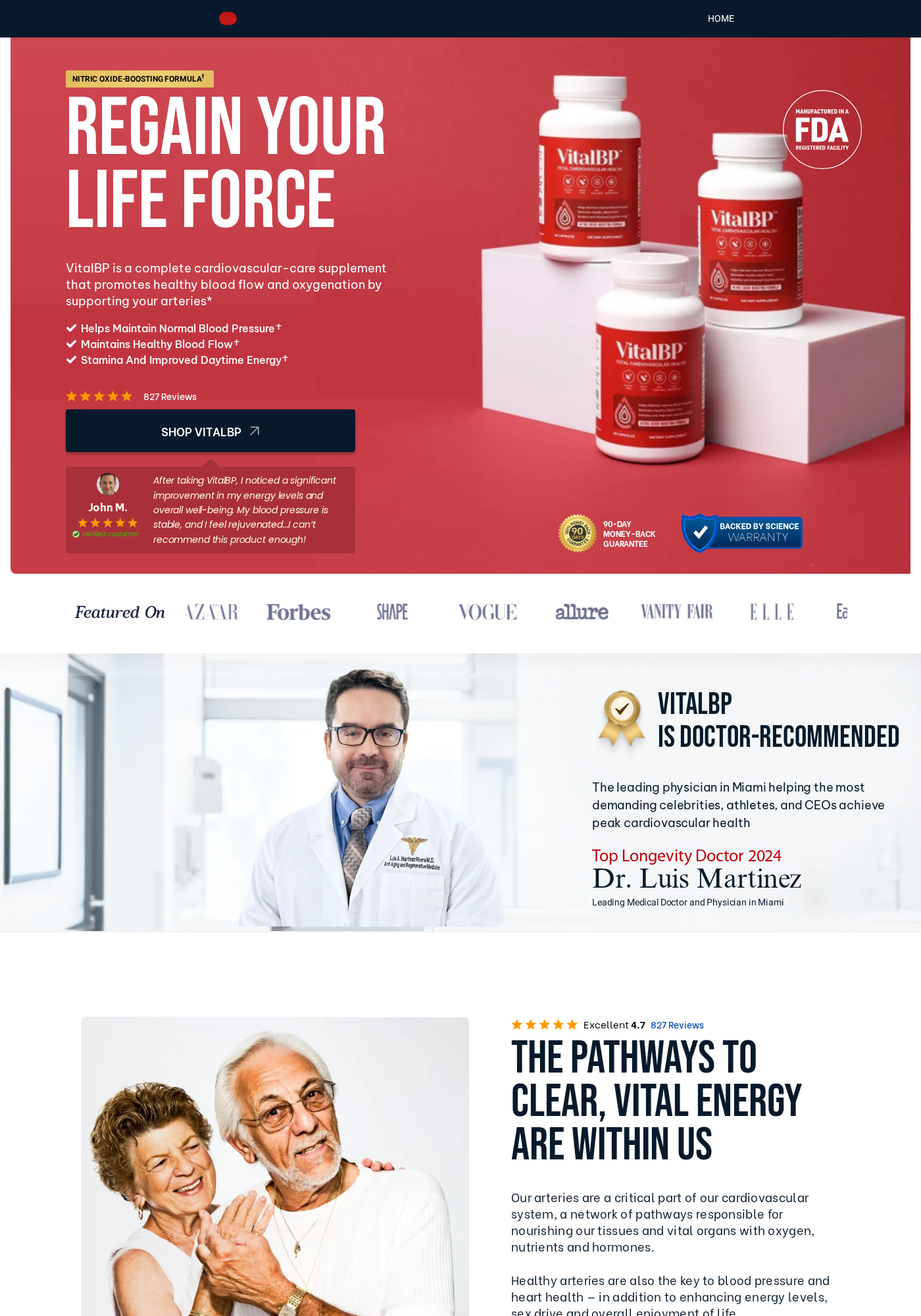 VitalBP sales page showing blood pressure claims, bottles, reviews, and a doctor endorsement