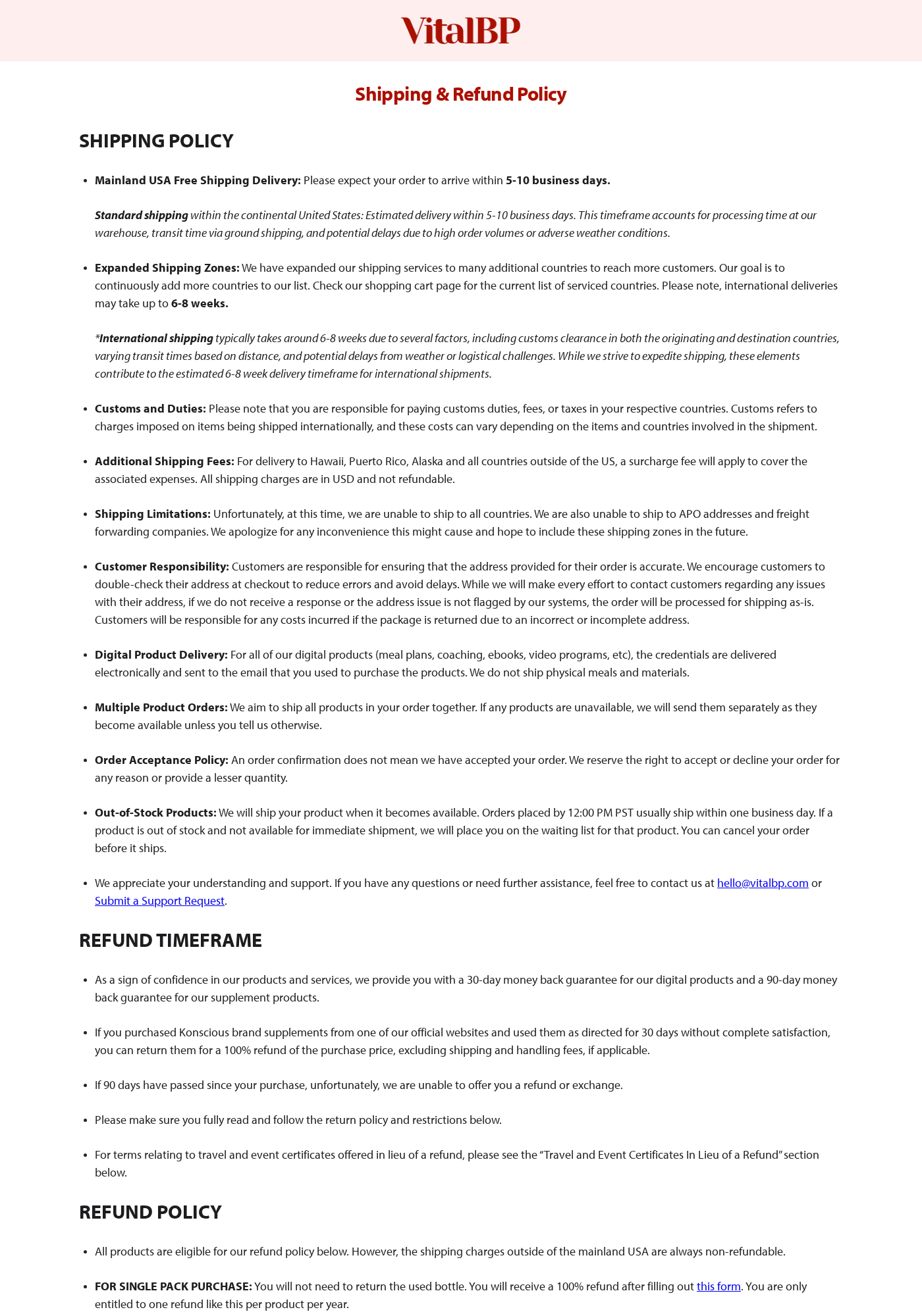 VitalBP refund policy showing shipping rules, guarantee language, and return conditions