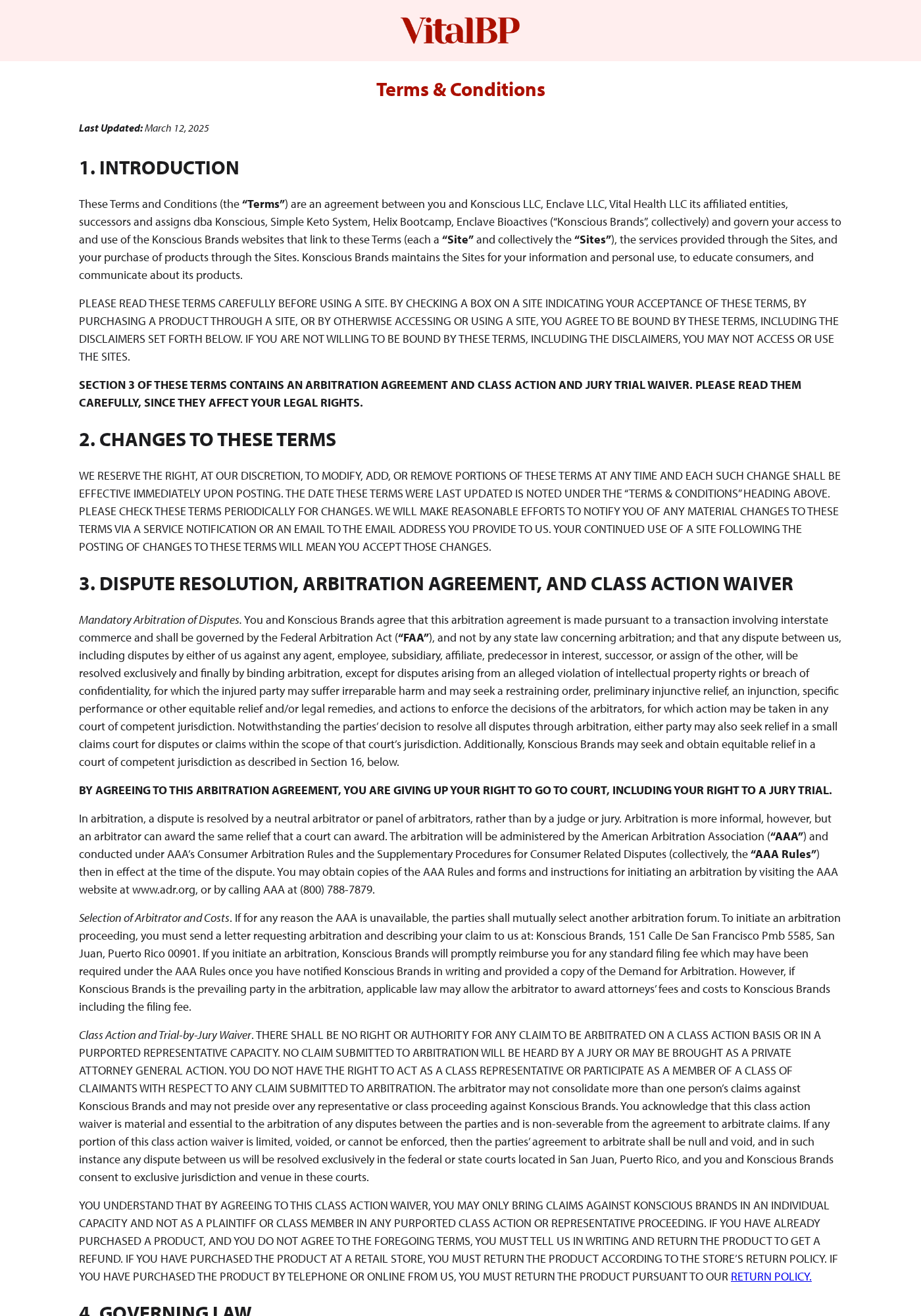 VitalBP terms naming related companies, a Puerto Rico address, and arbitration provisions