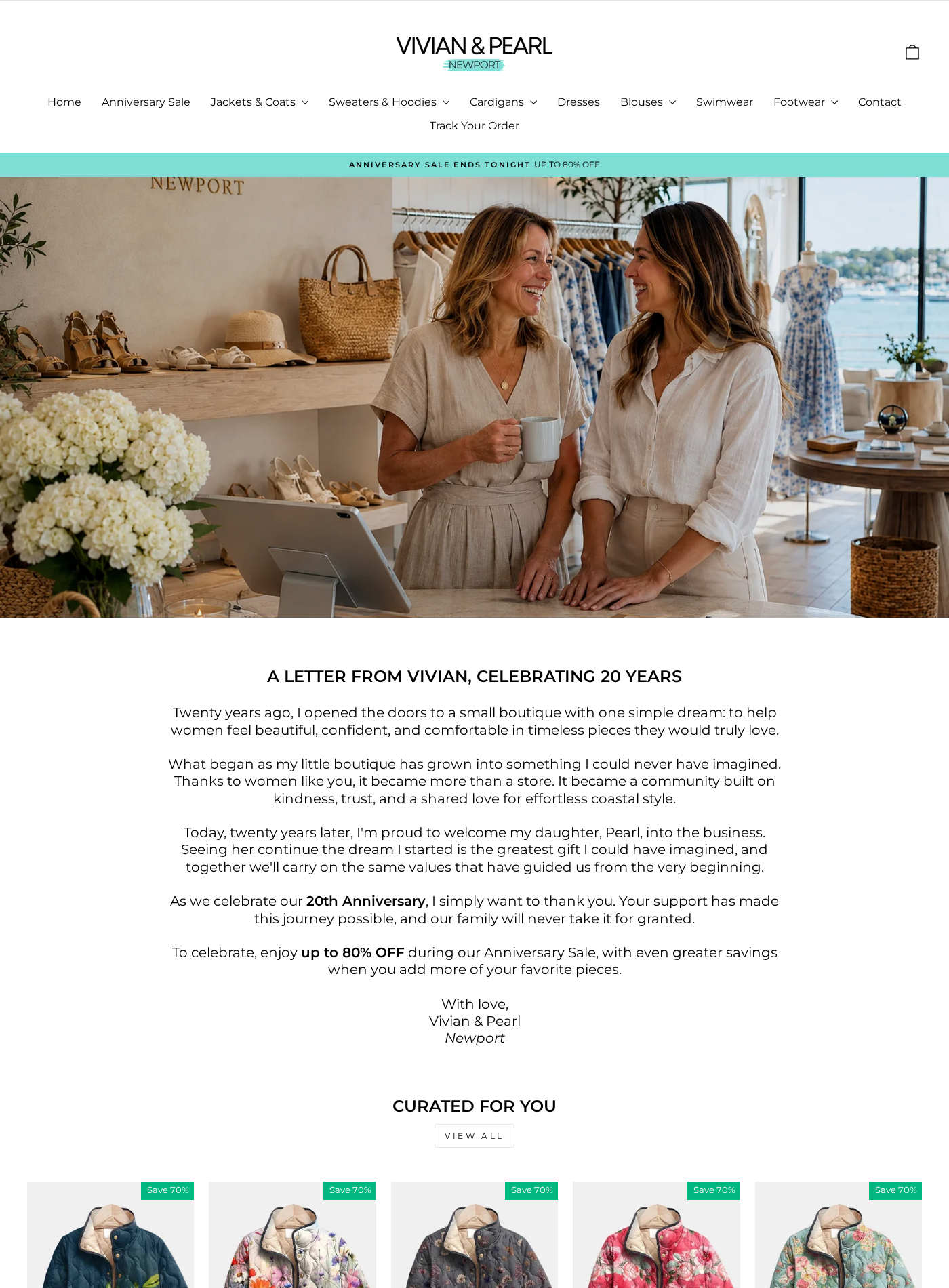 Vivian and Pearl Review: Boutique Story, China Returns and Buyer Risks 1 Vivian and Pearl Newport homepage presenting a mother and daughter boutique story, anniversary sale, and large discounts