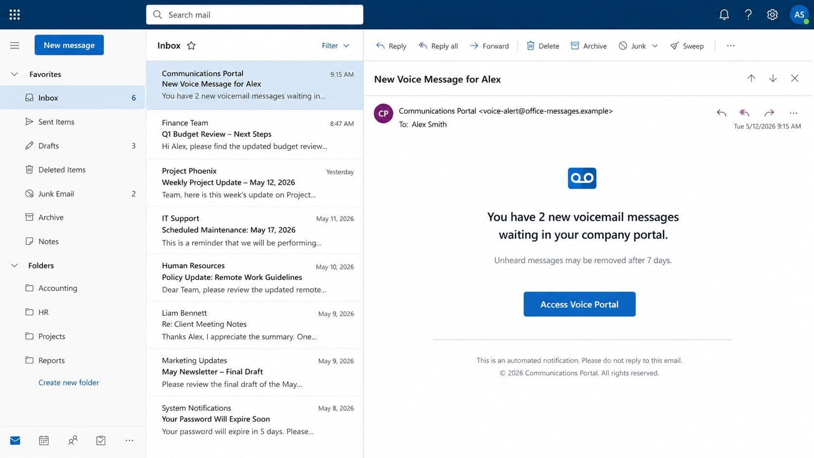 Voicemail notification phishing email claiming two new voice messages are waiting in a company portal