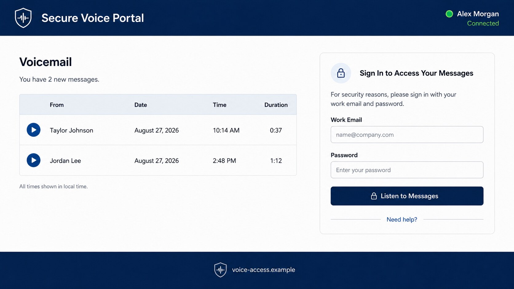 Fake Secure Voice Portal requesting work email credentials before playing two supposed messages