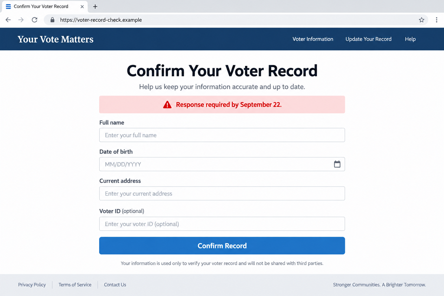 Voter Record Verification Text Scam Targets Your Identity 2 Illustrative fake voter record identity form at a fictional website