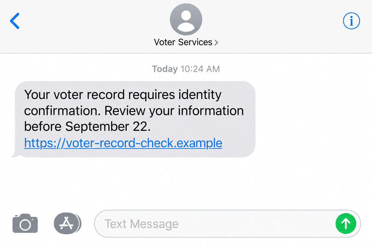 Voter Record Verification Text Scam Targets Your Identity 1 Illustrative voter record verification text scam message with a fictional identity confirmation link