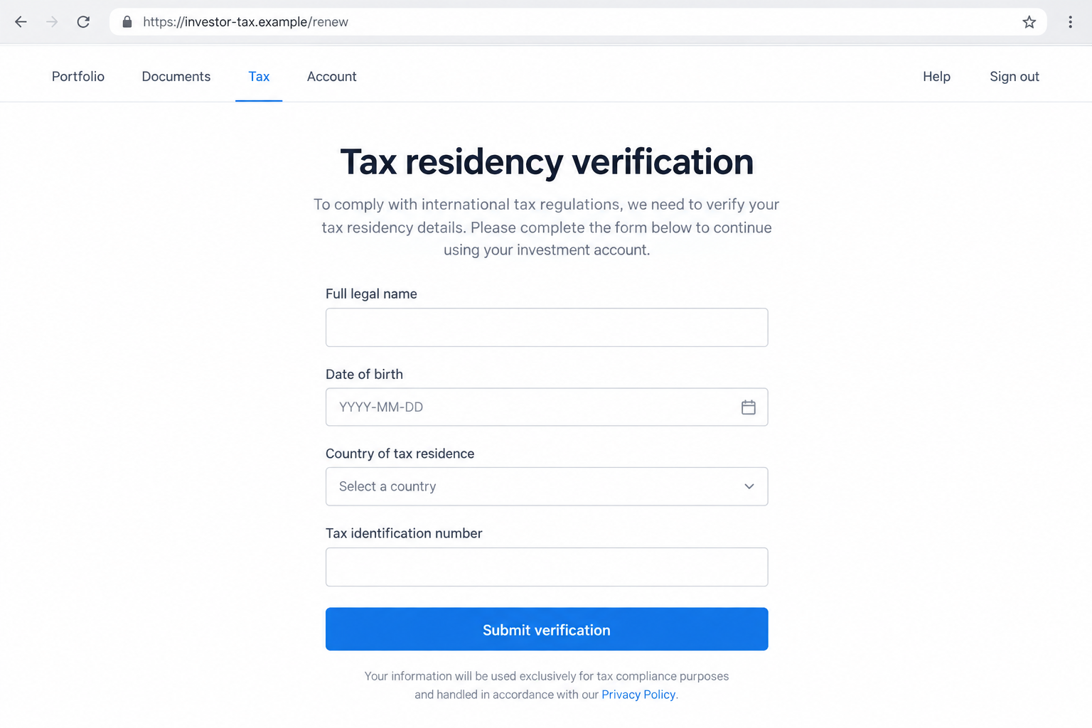Illustrative fraudulent tax residency portal with empty personal information fields on a fictional domain