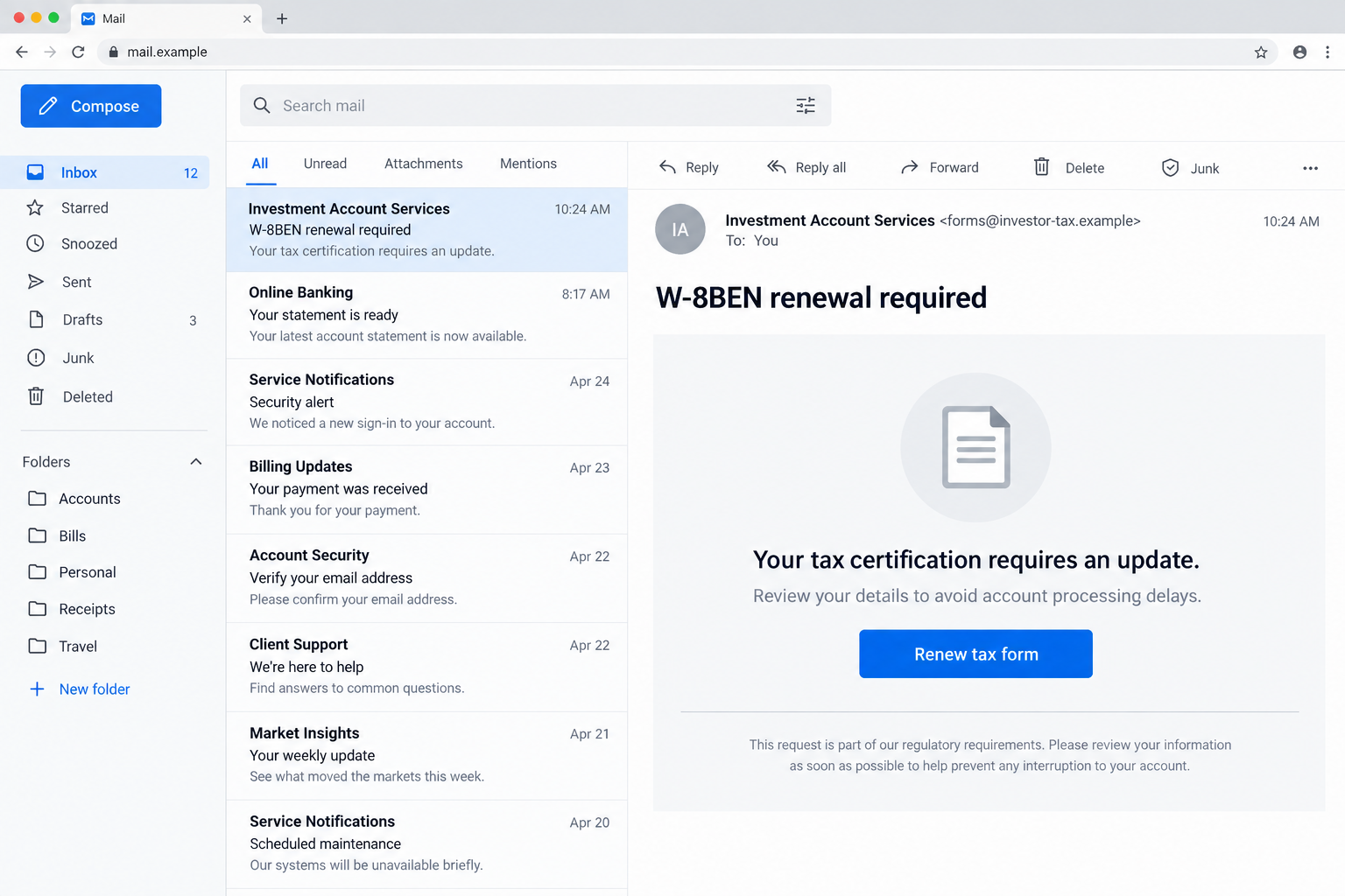 Illustrative investment account phishing email requesting W-8BEN renewal through a fictional link
