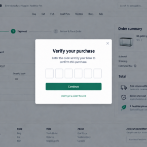 Illustrative fictional aquarium-product checkout asking for a bank verification code