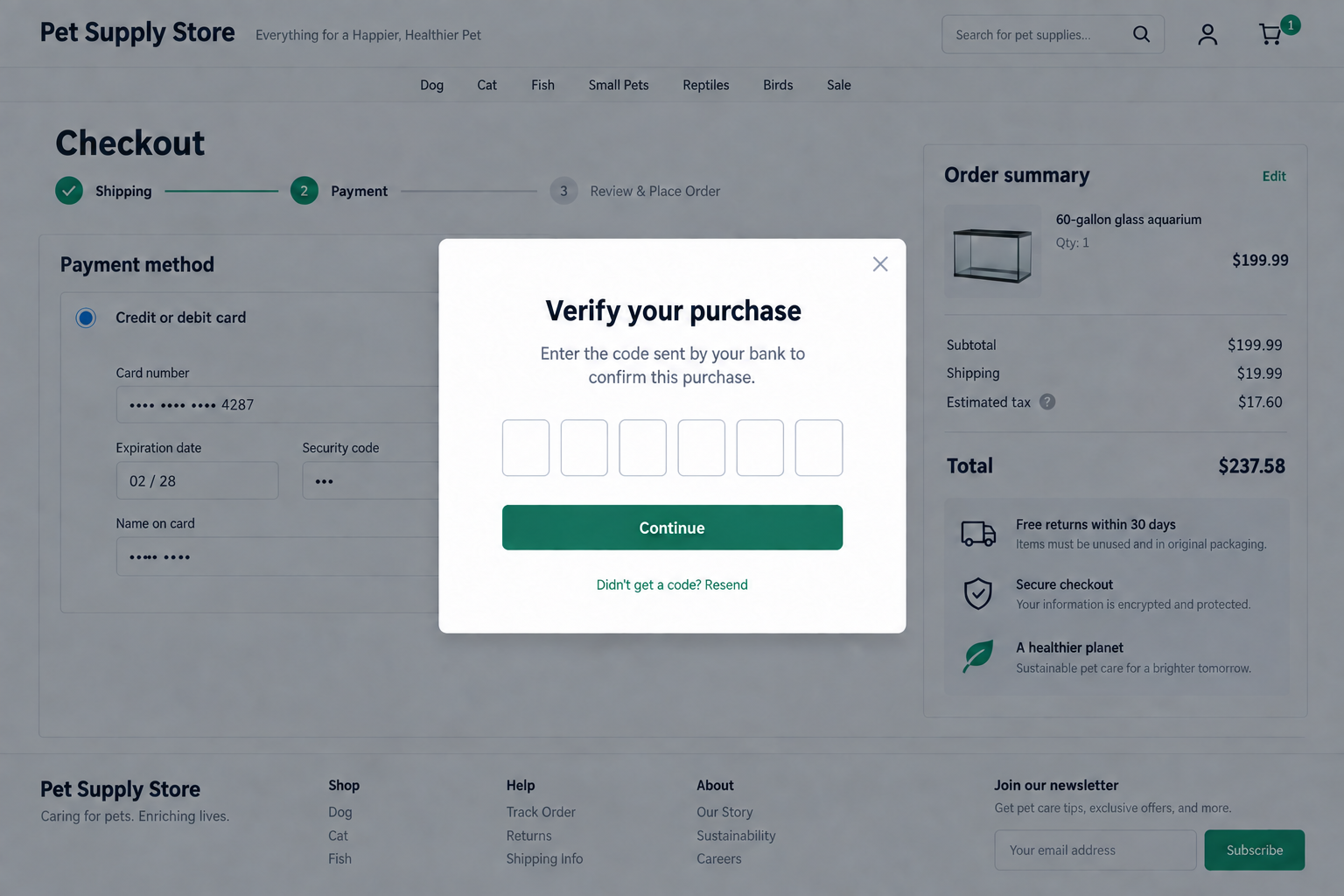 Illustrative fictional aquarium-product checkout asking for a bank verification code