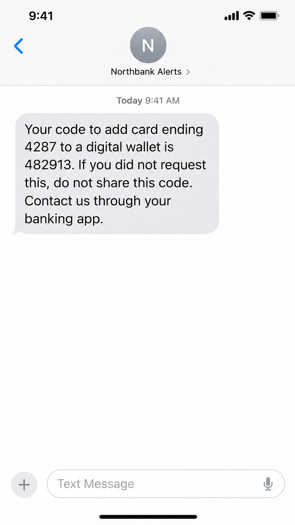 Illustrative bank text saying a code would add a card to a digital wallet