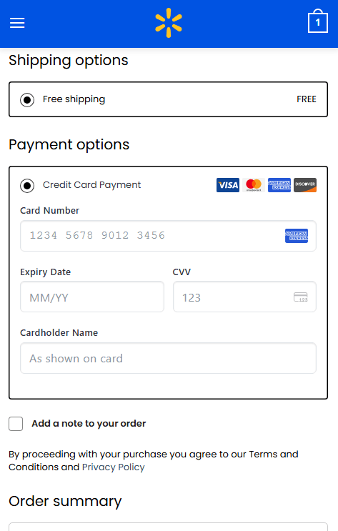 Authentic capture of card number, expiry, CVV, and cardholder fields on a fake Walmart checkout