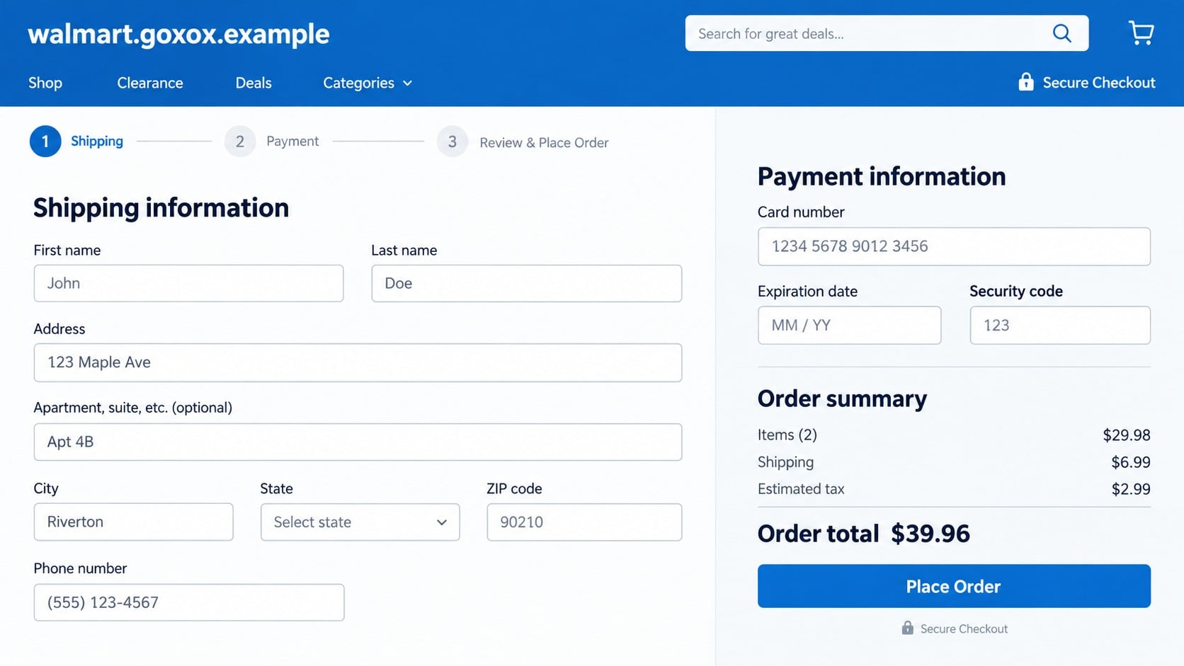 Reconstructed Walmart Goxox scam checkout requesting shipping and card information