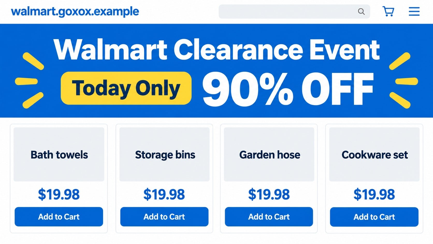 Reconstructed Walmart Goxox scam clearance page advertising 90% off prices
