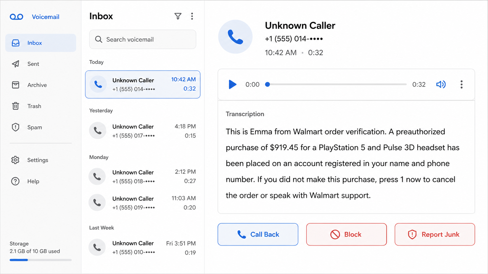 Voicemail transcription of the Walmart $919.45 PlayStation 5 scam call
