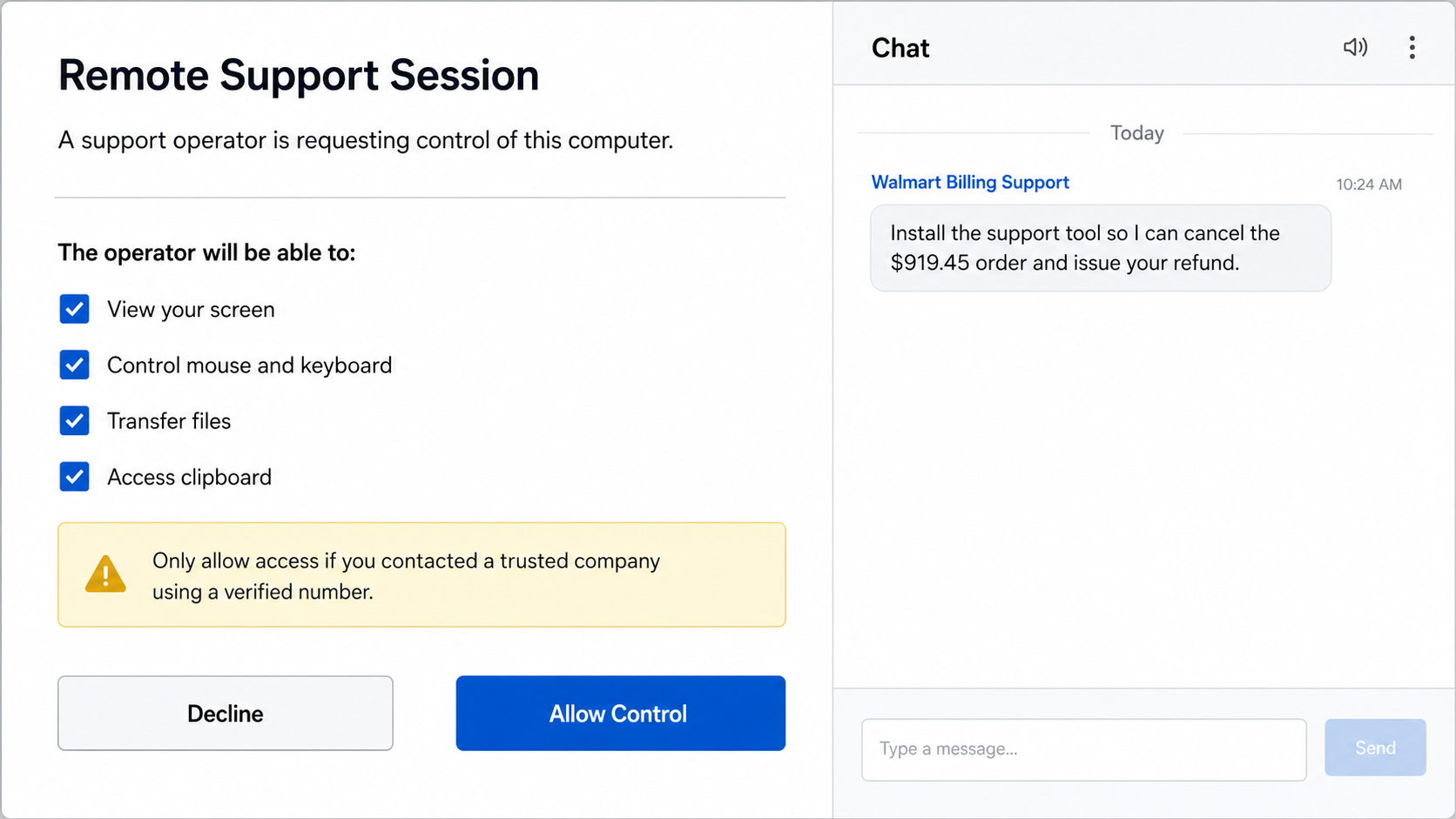 Fake Walmart support operator requesting remote control to cancel the $919.45 order