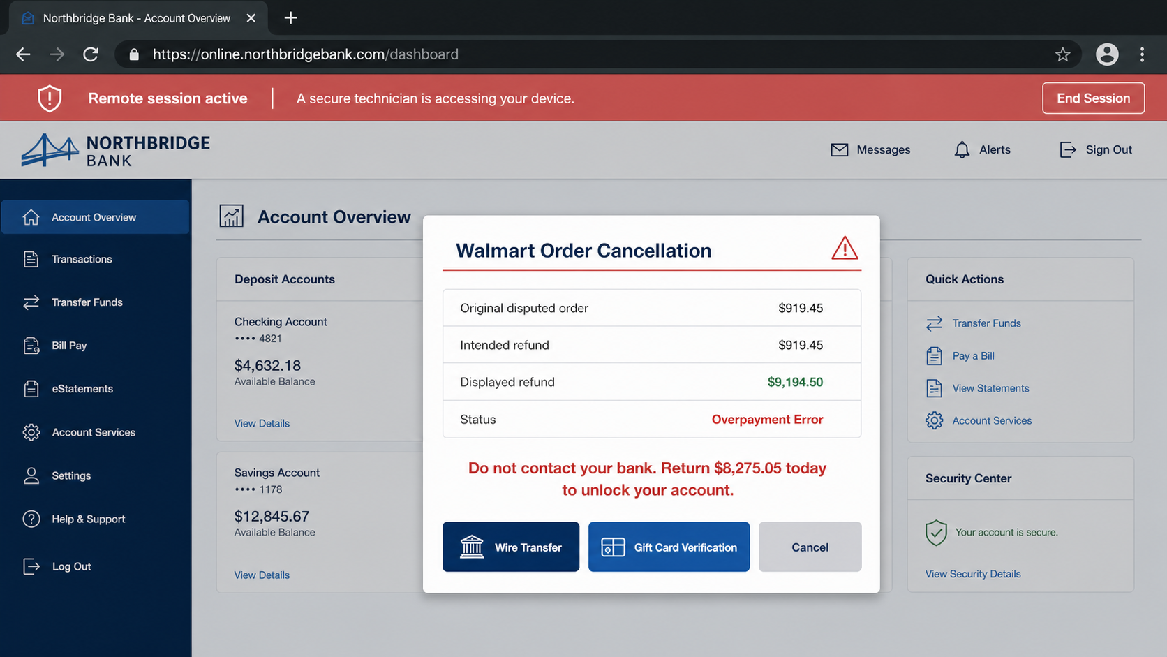 Fake Walmart refund screen showing a fabricated $9,194.50 overpayment