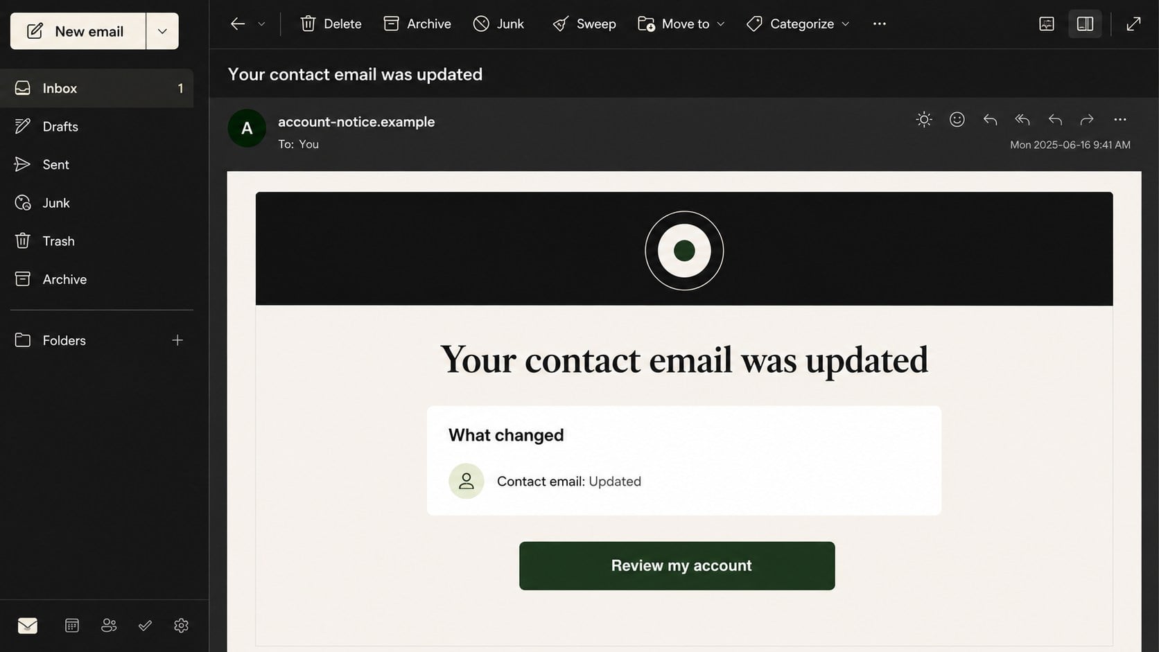 Wealthsimple Contact Email Updated phishing message with a Review My Account button