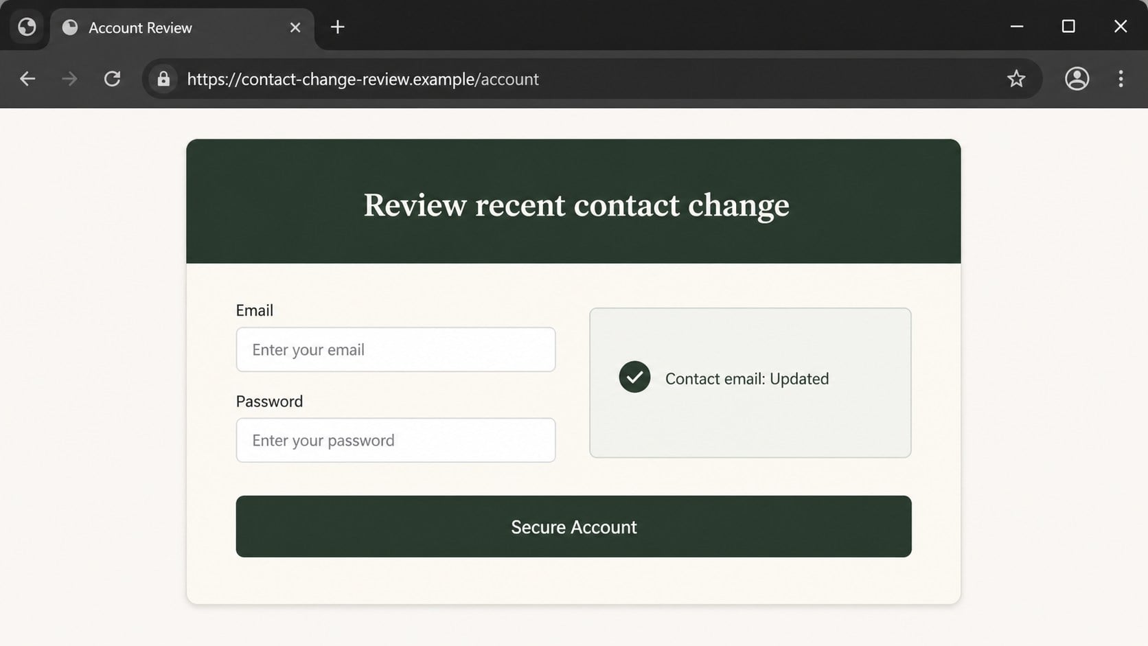 Counterfeit investment account review page requesting email and password