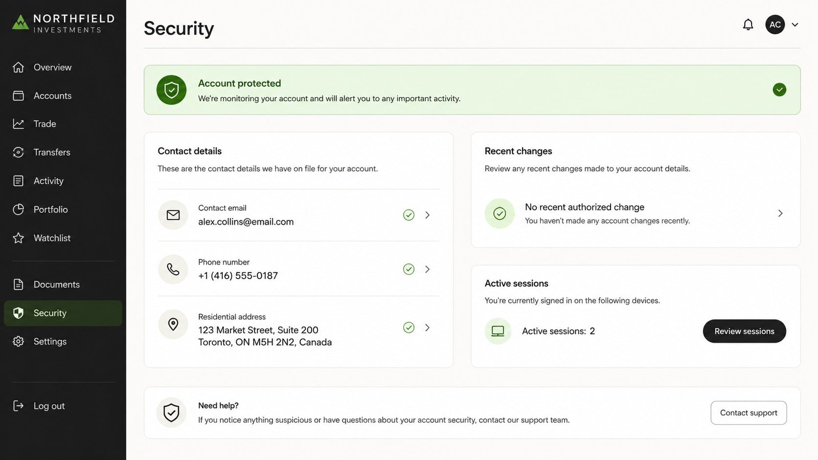 Legitimate investment account security dashboard showing contact details and active sessions