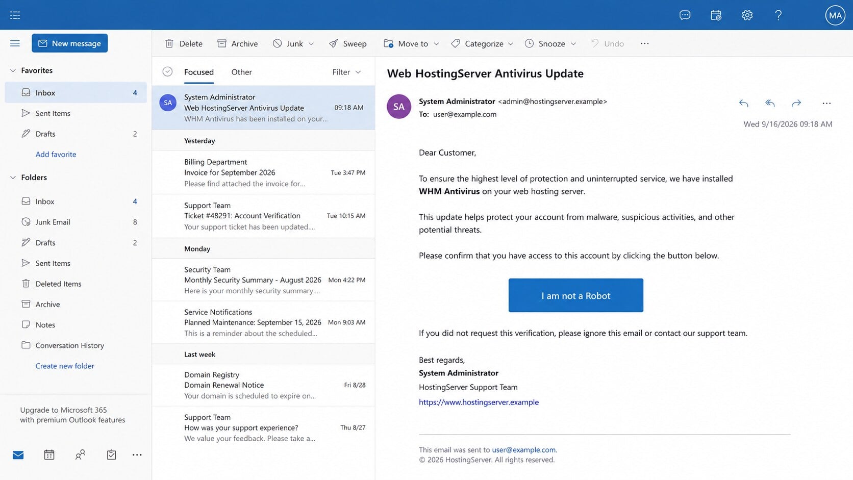 Webmail HostingServer Antivirus Update phishing email with an I am not a Robot button