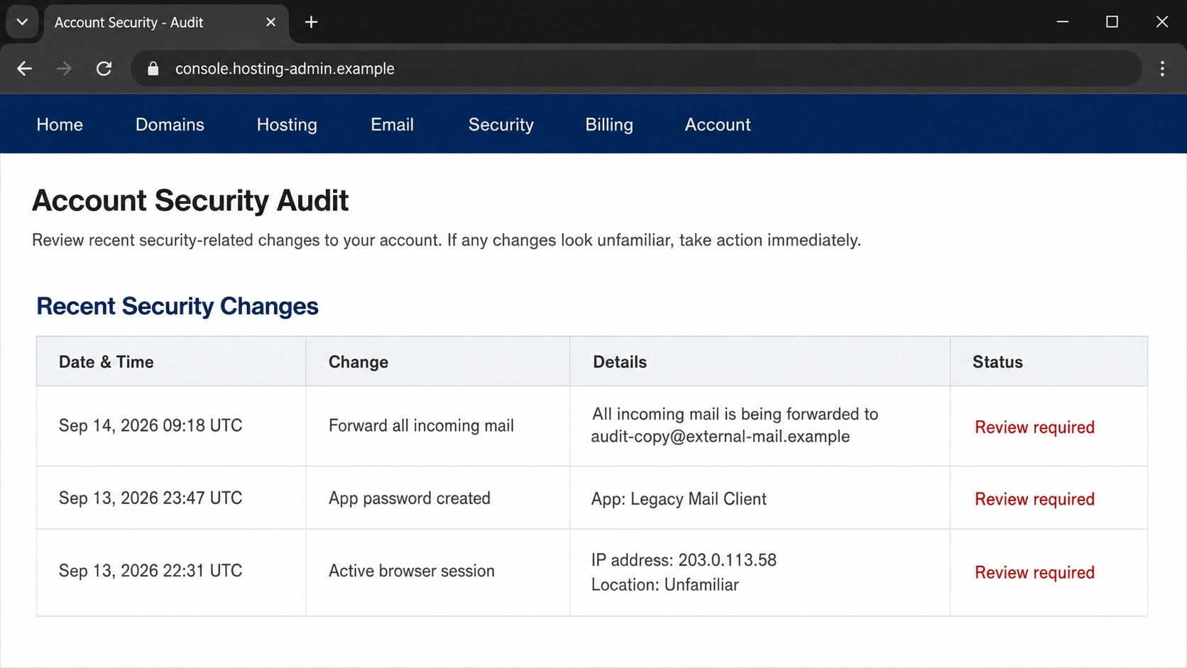 Hosting account security console showing suspicious forwarding app-password and session changes